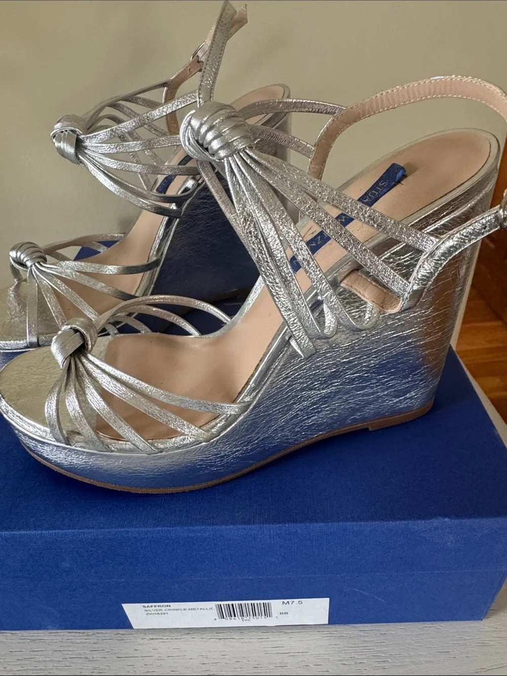 Stuart Weitzman Silver Metallic Saffron Strappy Wedge Sandals - Picture 3 of 11